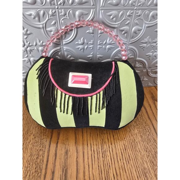 Purse Throw Pillow Black Lime Green Pink Beads And Handle - Picture 1 of 3